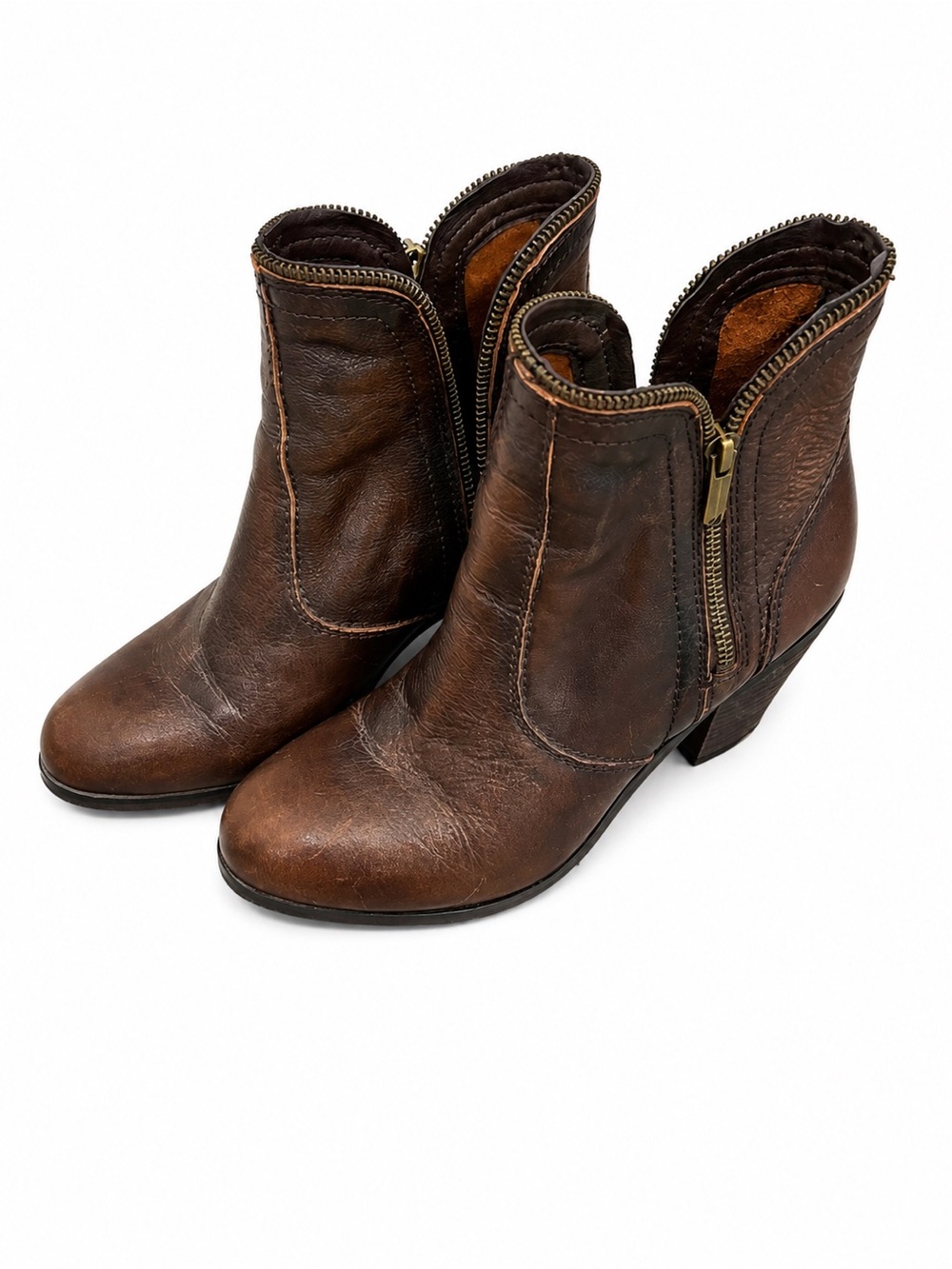 Sam Edelman Brown Leather Ankle Booties Size 8 Western Moto Zip Boots
